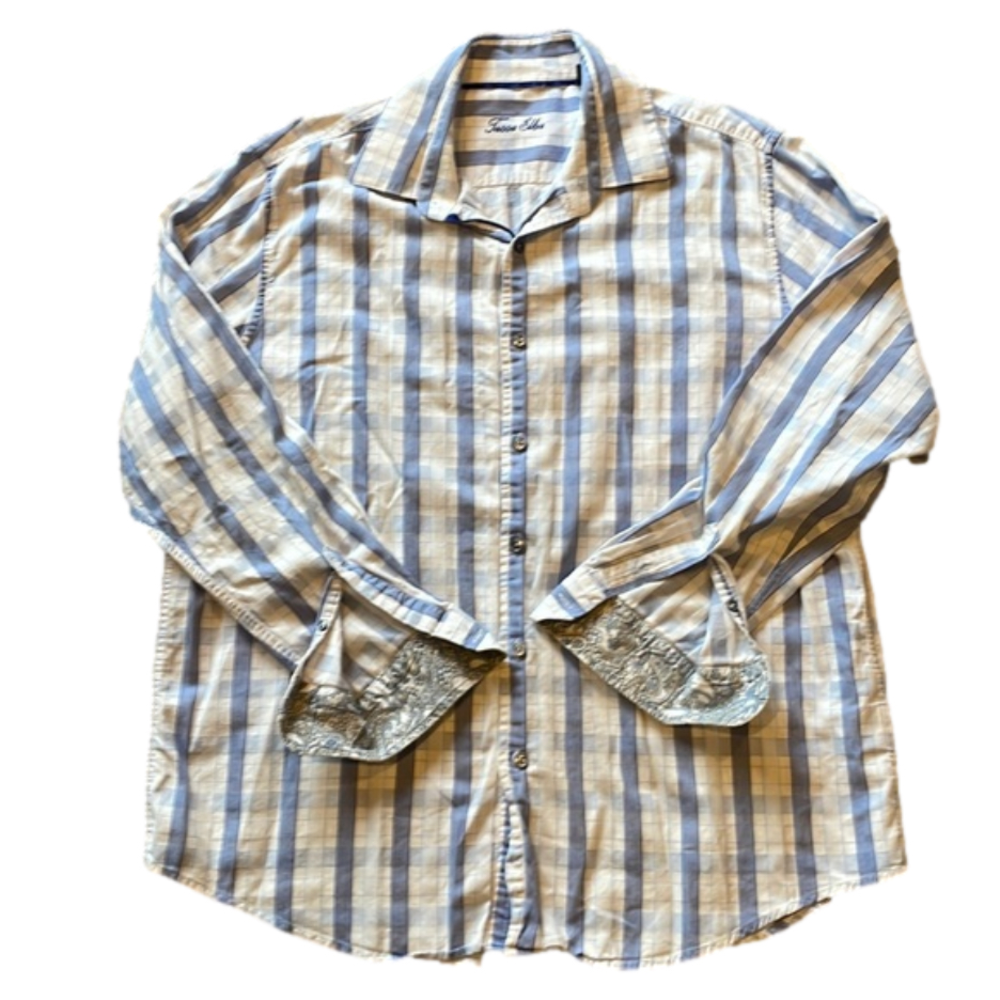 Tasso Elba Mens 17-17.5 Blue Plaid Long Sleeve Dress Shirt Flip Cuff
